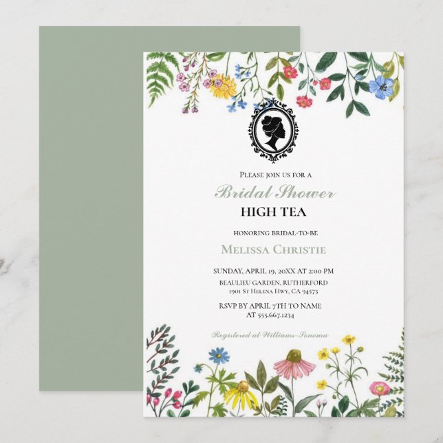 Invitación fiesta de té alto en el jardín, hermoso pastel sua (Anverso / Reverso)