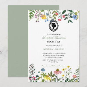 Invitación fiesta de té alto en el jardín, hermoso pastel sua
