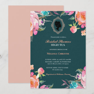 Invitación fiesta de té alto en el jardín, hermoso pastel sua