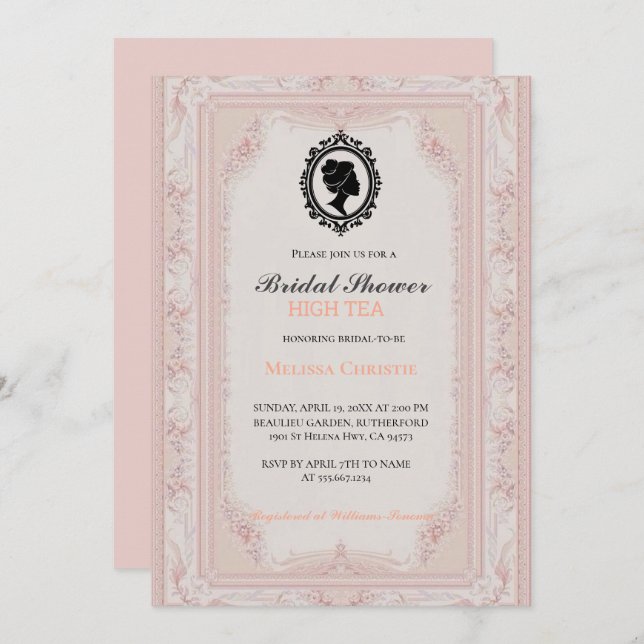 Invitación fiesta de té alto en el jardín, hermoso pastel sua (Anverso / Reverso)