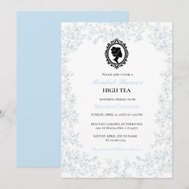 Invitación fiesta de té alto en el jardín, hermoso pastel sua (Anverso / Reverso)