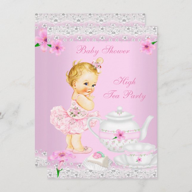 Invitación Fiesta de té alto rosado Chica Baby Shower (Anverso / Reverso)