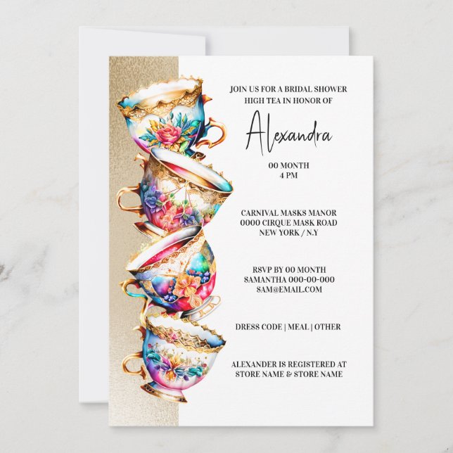 Invitación Fiesta de té alto teacups florales de verano moda (Anverso)