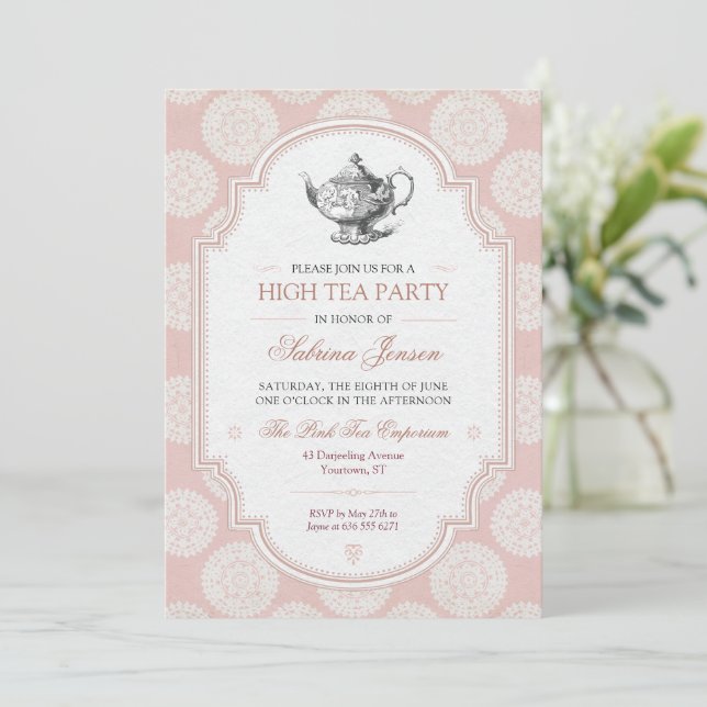 Invitación Fiesta de té alto victoriano rosa (Anverso de pie)