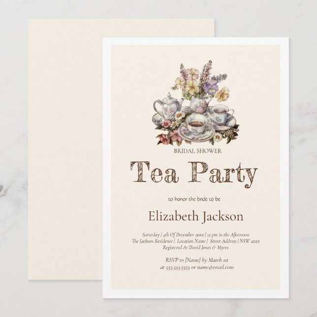 Invitación Fiesta de té añejo flores almuerzo de novia (Anverso / Reverso)