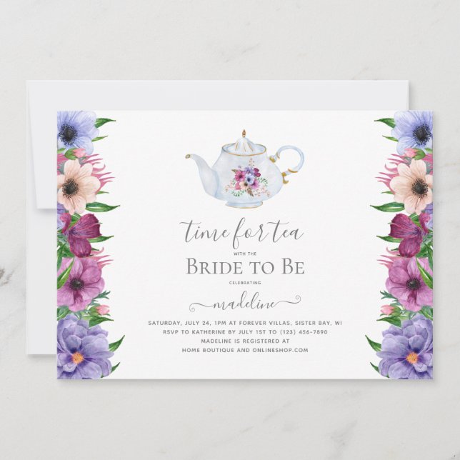 Invitación Fiesta de té añejo Teapot Floral Bridal Shower (Anverso)