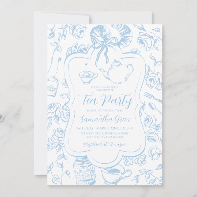 Invitación Fiesta de té azul para baby shower (Anverso)