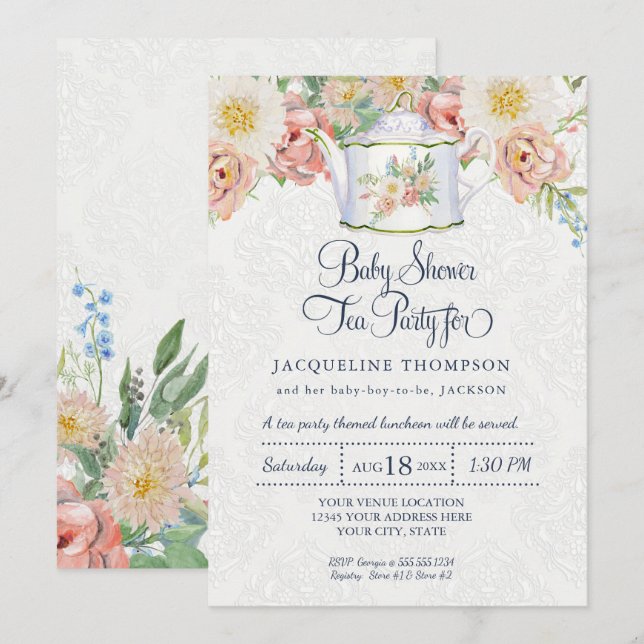 Invitación Fiesta de té azul polvoriento Rubor rosa tetera de (Anverso / Reverso)