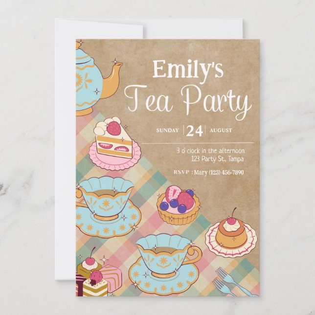 Invitación Fiesta de té azul rosado femenino lindo Cumpleaños (Anverso)
