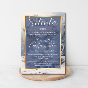 Invitación Fiesta de Té Azul Sofisticada Española Cumpleaños 