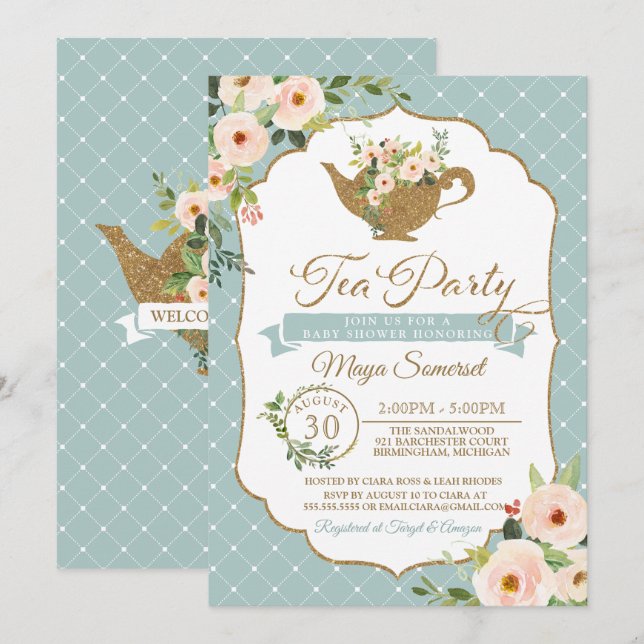 Invitación Fiesta de té azul turquesa Rubor Floral Baby Showe (Anverso / Reverso)