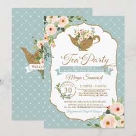 Invitación Fiesta de té azul turquesa Rubor Floral Baby Showe