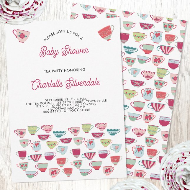 Invitación Fiesta de té Baby Shower (Retro pastel teacup personalized tea party baby shower invitation)