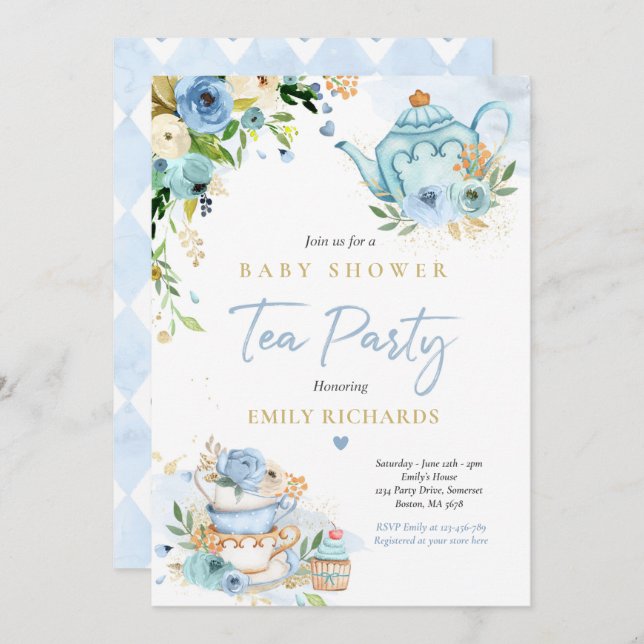Invitación Fiesta de té Baby Shower Boy Rosa azul Beber (Anverso / Reverso)