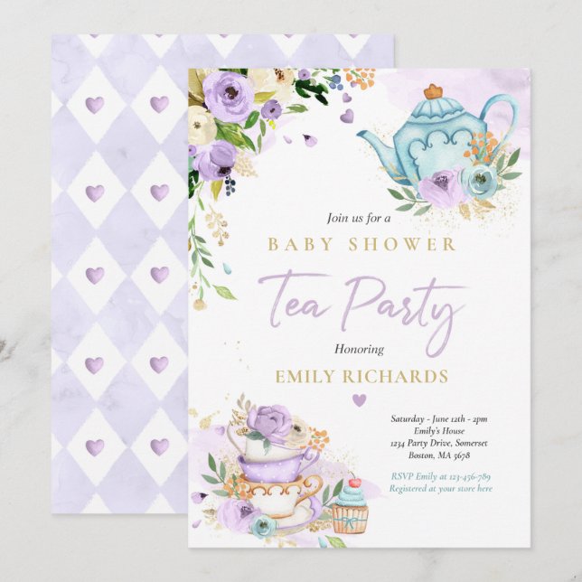 Invitación Fiesta de té Baby Shower Chica Lilac Rosa de bebé (Anverso / Reverso)