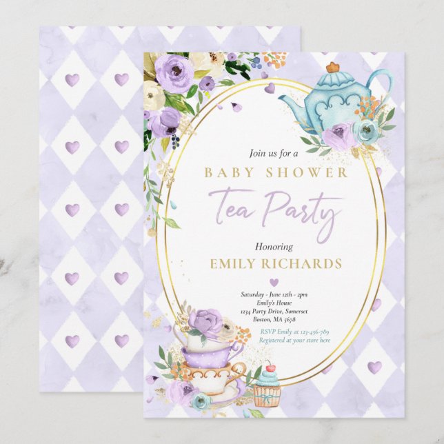 Invitación Fiesta de té Baby Shower Chica Lilac Rosa de bebé (Anverso / Reverso)