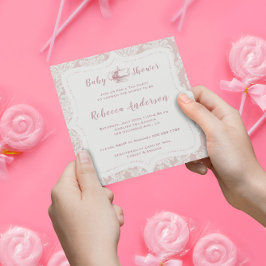 Invitación Fiesta de té Baby Shower de Damask rosa francés vi