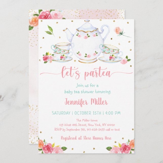 Invitación Fiesta de té Baby Shower Floral de oro rosa (Anverso / Reverso)