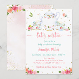 Invitación Fiesta de té Baby Shower Floral de oro rosa