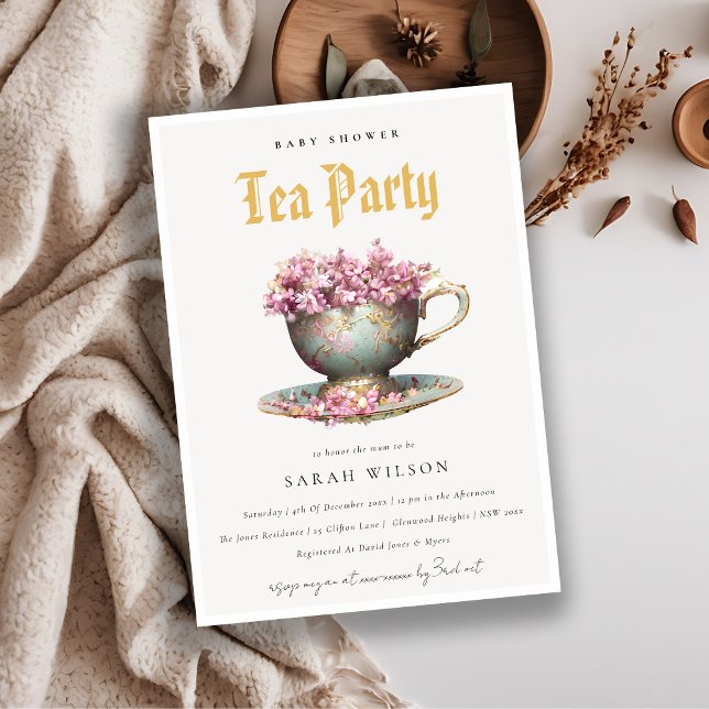 Invitación Fiesta de té Baby Shower Floral de oro rosa (Subido por el creador)