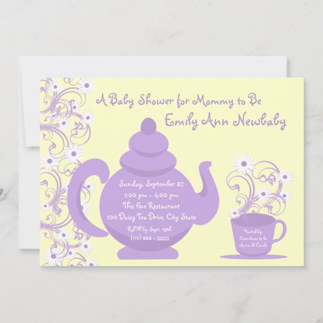Invitación Fiesta de té Baby Shower Morado y amarillo (Anverso)