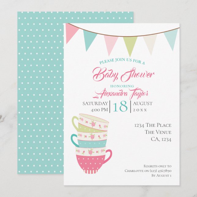 Invitación Fiesta de té Baby Shower personalizado (Anverso / Reverso)