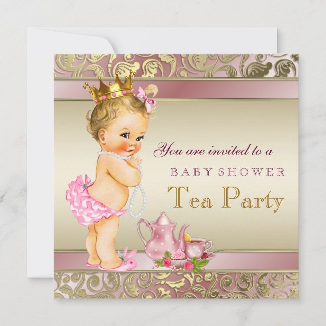 Invitación Fiesta de té Baby Shower rosa y dorado (Anverso)