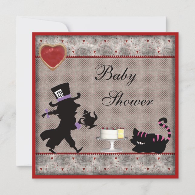 Invitación Fiesta de té Baby Shower Sad Hatter y Cheshire (Anverso)