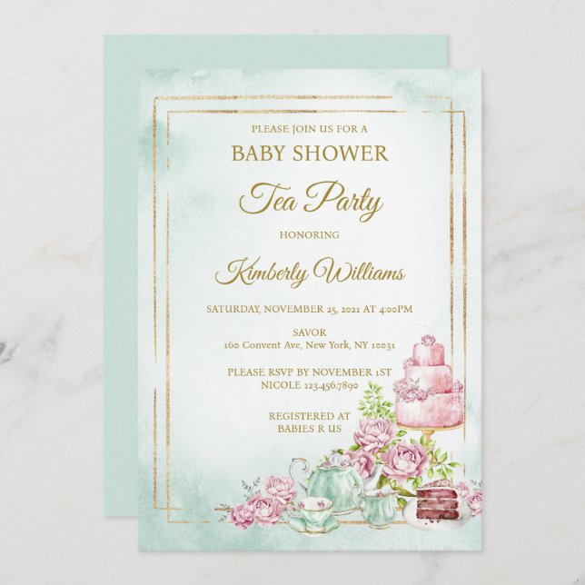 Invitación Fiesta de té Baby Shower Sprinkle (Anverso / Reverso)