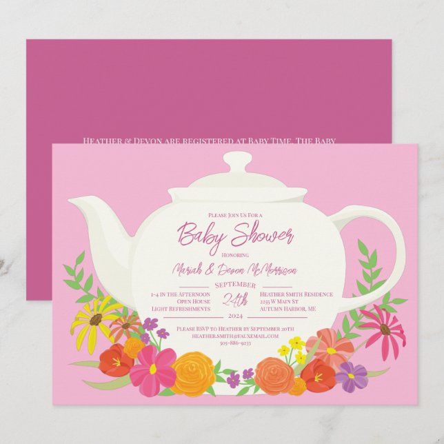 Invitación Fiesta de té Baby Shower teapot Chica rosado (Anverso / Reverso)