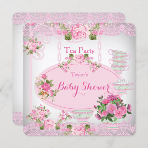 Invitación Fiesta de té Baby Shower Vintage Lace Pink Floral 