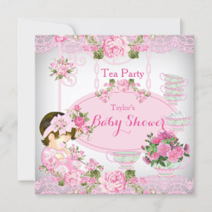 Invitación Fiesta de té Baby Shower Vintage Lace Pink Floral 
