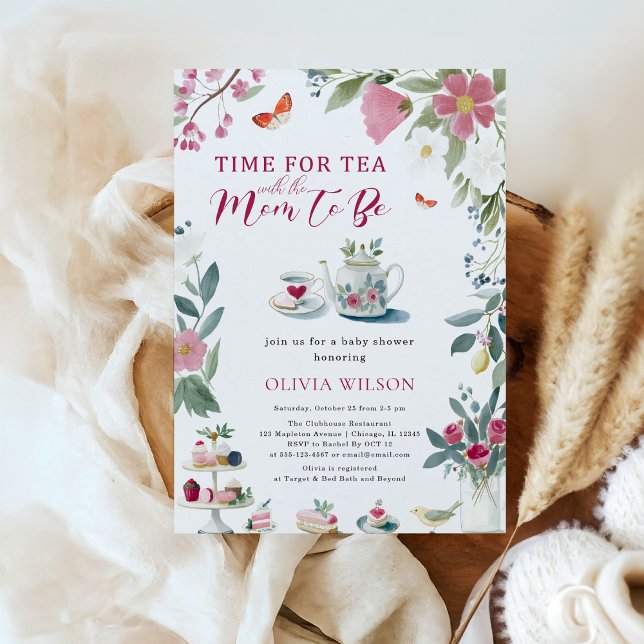 Invitación Fiesta de té caprichoso a mano Baby Shower (Time for Tea with the Mom-to-Be – Whimsical Hand-Drawn Tea Party Baby Shower Invitation)