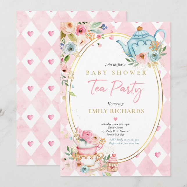 Invitación Fiesta de té Chica Baby Shower Roses rosas rosas r (Anverso / Reverso)