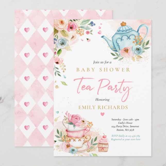 Invitación Fiesta de té Chica Baby Shower Roses rosas rosas r (Anverso / Reverso)