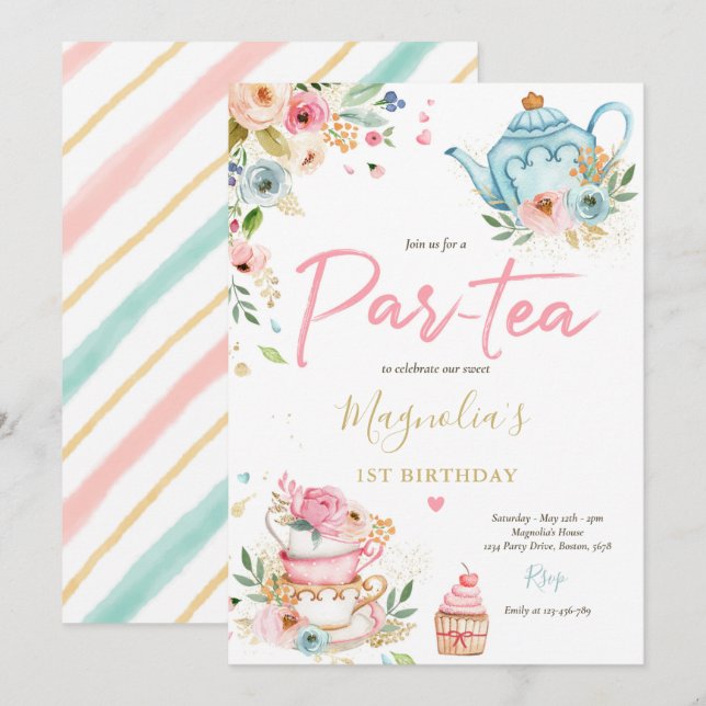 Invitación Fiesta de té Chica cumpleaños rosado y dorado pera (Anverso / Reverso)