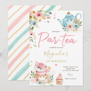 Invitación Fiesta de té Chica cumpleaños rosado y dorado pera