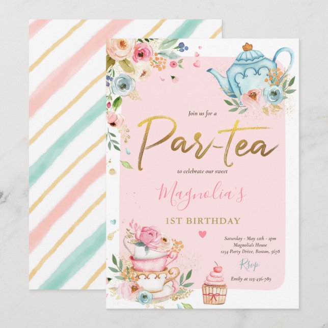 Invitación Fiesta de té Chica cumpleaños rosado y dorado pera (Anverso / Reverso)