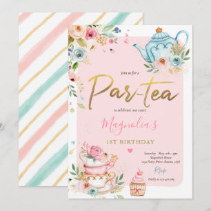 Invitación Fiesta de té Chica cumpleaños rosado y dorado pera