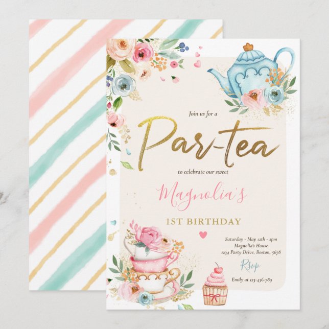 Invitación Fiesta de té Chica cumpleaños rosado y dorado pera (Anverso / Reverso)