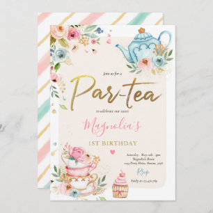 Invitación Fiesta de té Chica cumpleaños rosado y dorado pera
