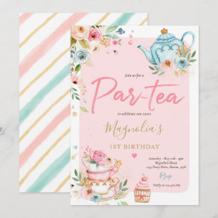 Invitación Fiesta de té Chica cumpleaños rosado y dorado pera