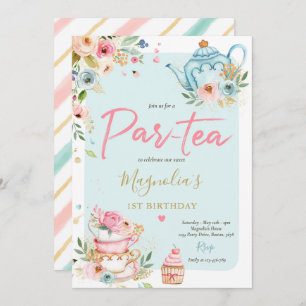 Invitación Fiesta de té Chica cumpleaños rosado y dorado pera