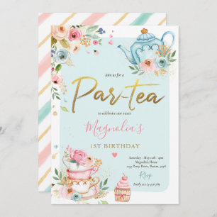 Invitación Fiesta de té Chica cumpleaños rosado y dorado pera
