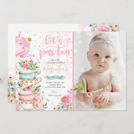 Invitación Fiesta de té Chica de cumpleaños Pink & Gold Flora