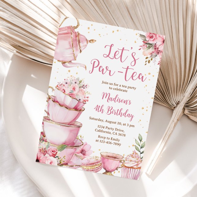 Invitación Fiesta de té Chica de cumpleaños Pink & Gold Flora (Subido por el creador)