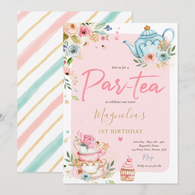 Invitación Fiesta de té Chica de cumpleaños Pink & Gold Flora (Anverso / Reverso)