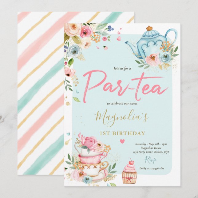 Invitación Fiesta de té Chica de cumpleaños Pink & Gold Flora (Anverso / Reverso)