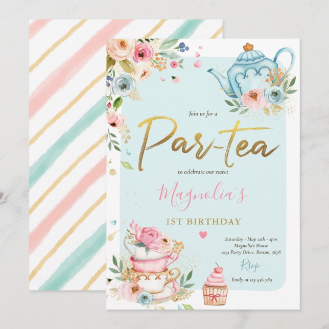 Invitación Fiesta de té Chica de cumpleaños Pink & Gold Flora (Anverso / Reverso)
