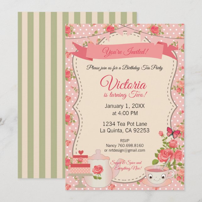 Invitación Fiesta de té con azúcar y especias (Floral rosa) (Anverso / Reverso)